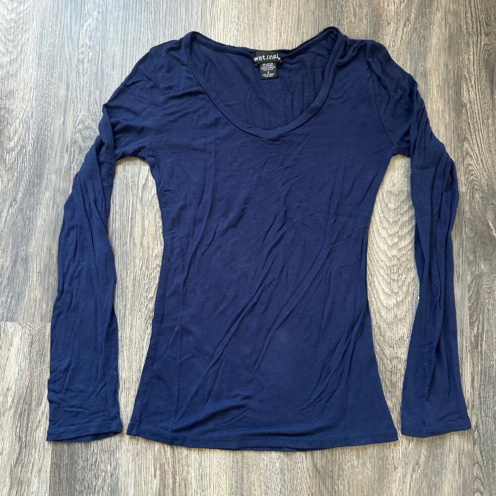 Vintage‎ Style Wet Seal Long Sleeve V-Neck Top Navy Blue Distressed Small